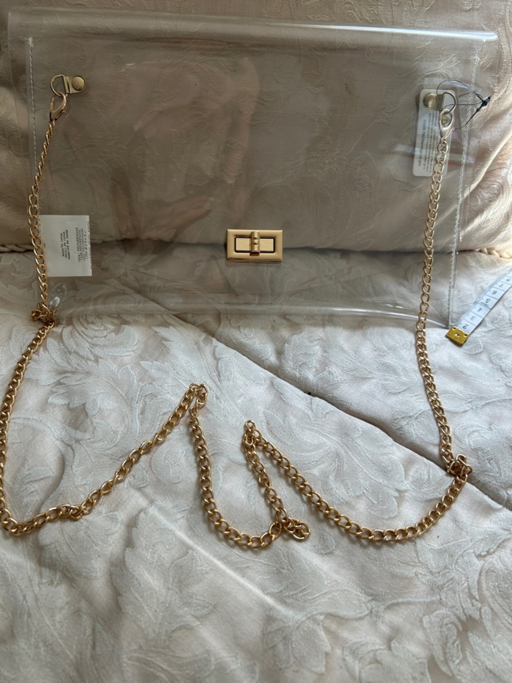 NWT. Clear Vinyl Crossbody Stadium Bag with Removable Gold Chain Strap